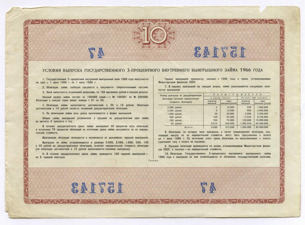 Облигации 20 рублей и 10 рублей 1966 год. Серии №№ 157336 и 157143. F-VF, VG