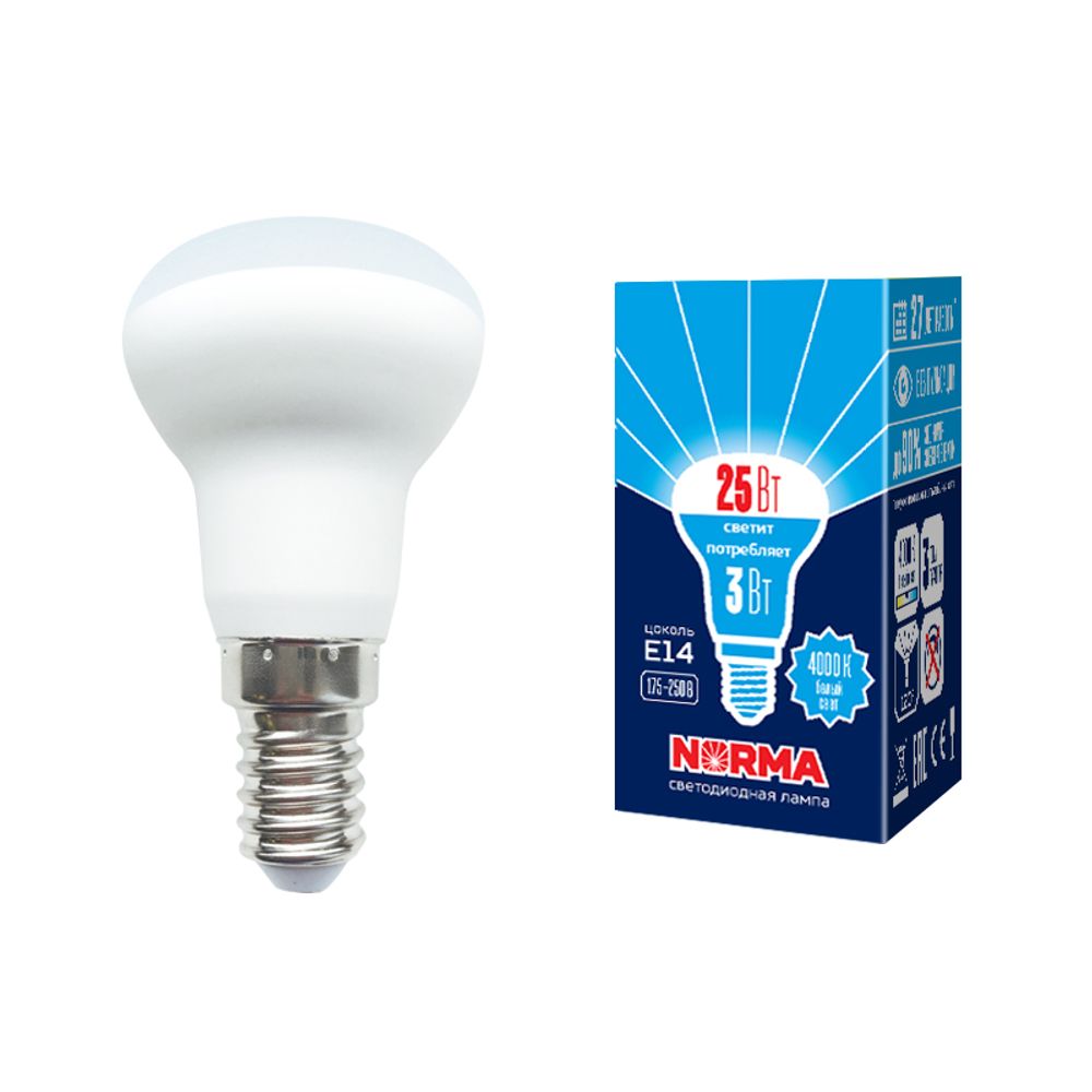 LED-R39-3W/4000K/E14/FR/NR Лампа светодиодная. Форма Рефлектор, матовая. Серия Norma. Белый свет (4000K). Картон. ТМ Volpe