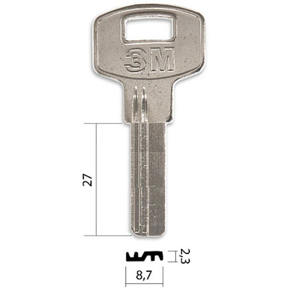 Заготовка вертикального ключа 10329 3M 2 паза (27*8,6*2,3) зм Китай