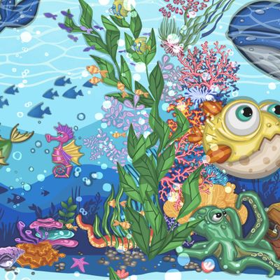 Underwater world fish, freehand drawing pattern cartoon style