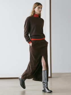 Massimo Dutti Прямая юбка миди из нубуковой кожи, коричневый