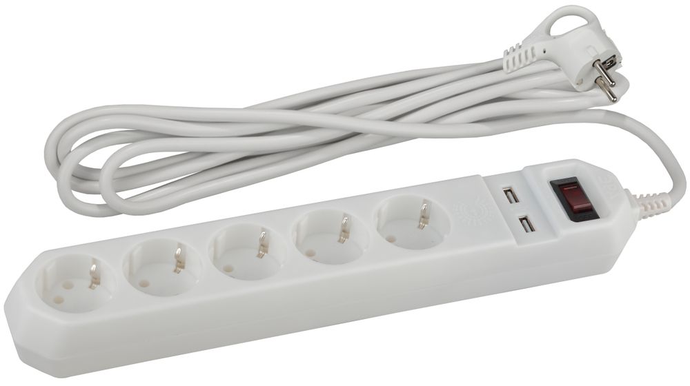 Сетевой фильтр ЭРА USF-5es-1.5m-USB-W (белый) с заземл, 3x0,75мм