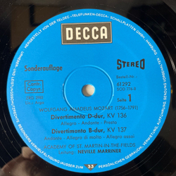 Винтажная виниловая пластинка LP W. A. Mozart, В. А. Моцарт, The Academy Of St. Martin in the Fields, Sir Neville Marriner, Divertimenti KV 136 137 138 Serenata notturna KV 239 (Германия 1978)