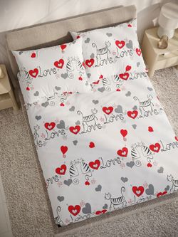 Постельное белье поплин Сказка "Lovecats" 1,5-сп Наволочка 50х70 см 1 шт Простынь на резинке 90x200 см Пододеяльник 145x215 см