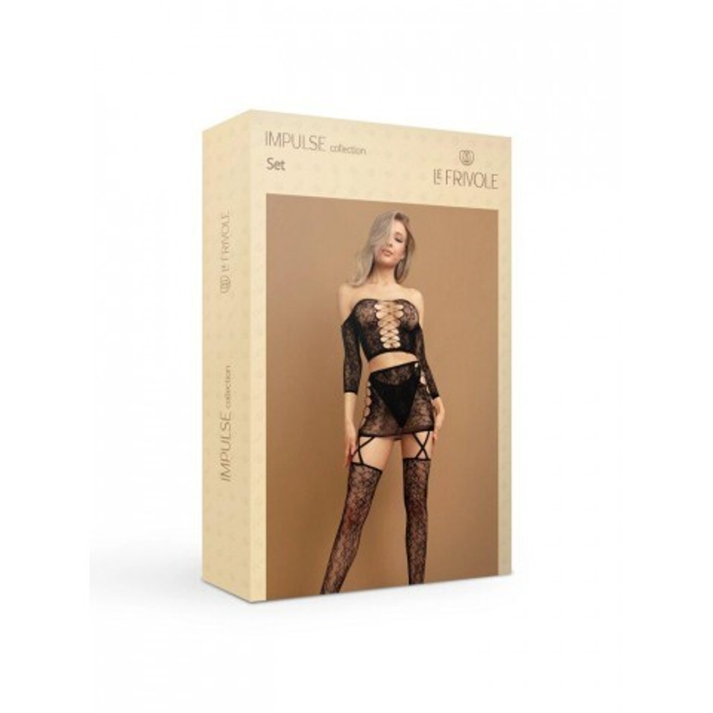 Боди-комбинезон ажурный Le Frivole Impulse, топ с юбкой и чулками, S-XXL