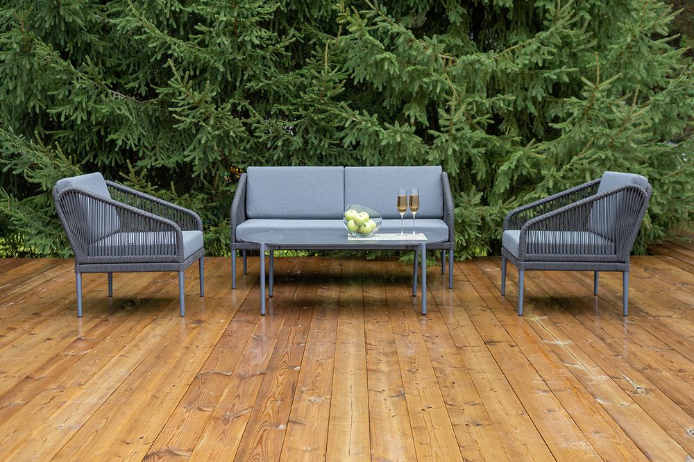 "Канны" лаунж-зона 4-местная (разборная) из роупа со столиком "Диего" цвета "серый гранит", роуп темно-серый круглый, ткань темно-серая