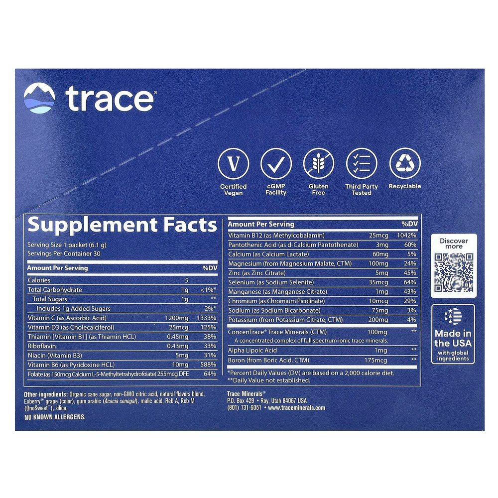 Trace, Power Pak, Essential Nutrient Support, виноград Конкорд, 30 пакетиков в стиках по 6,1 г (0,22 унции)