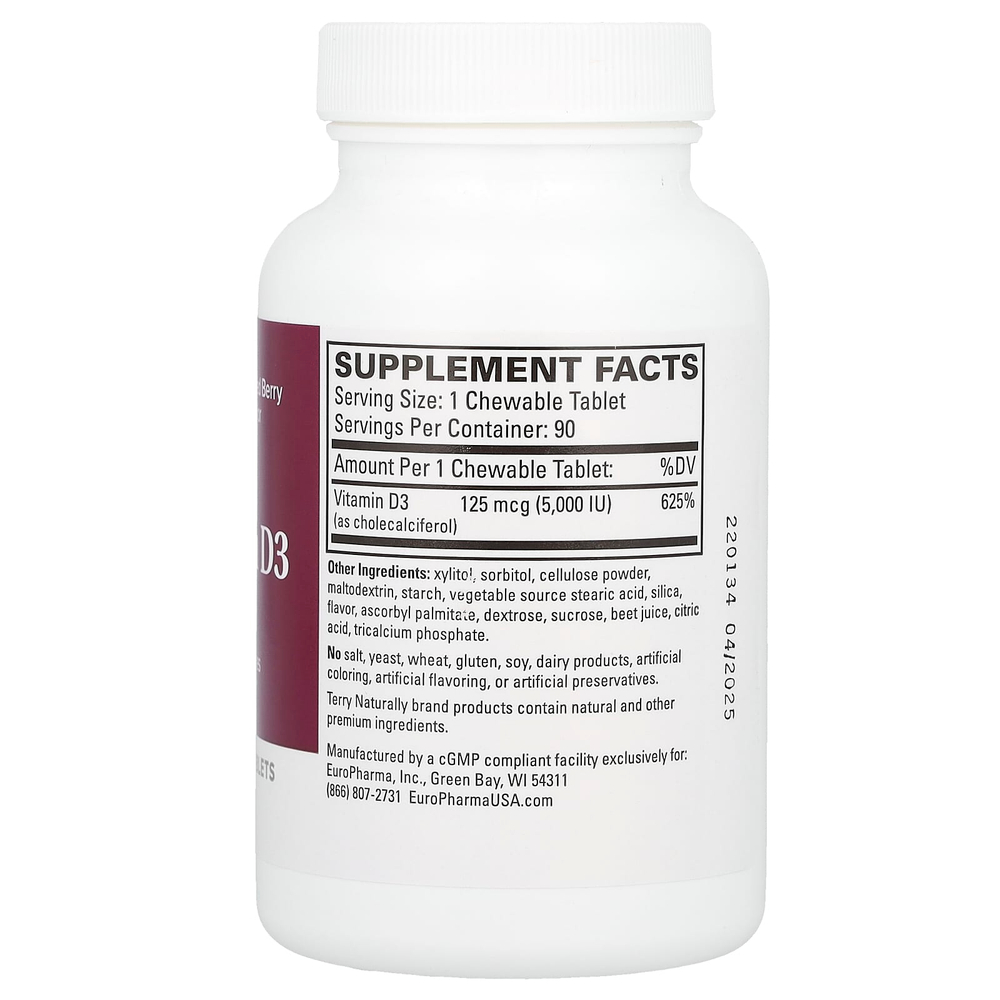 Terry Naturally, витамин D3, ягодное ассорти, 5000 МЕ, 90 жевательных таблеток