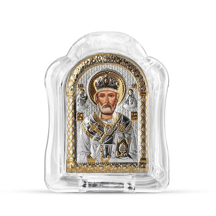 Николай Чудотворец, икона арочная, белое муранское стекло 65х85