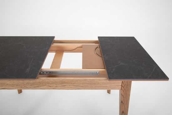 Стол Франк-М (дуб/нога светлый дуб с чёрной патиной/столешница керамика черный мрамор)