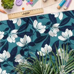 Ткань дюспо белые цветы с листьями