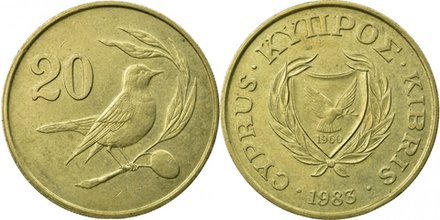 Кипр 20 центов, 1983 Каменка-плешанка XF