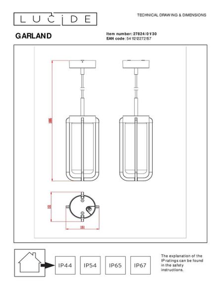 Уличный подвесной светильник Lucide Garland 27824/01/30