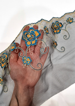 Вышивка на сетке неэластичная черная с изумрудными цветами К020 правая