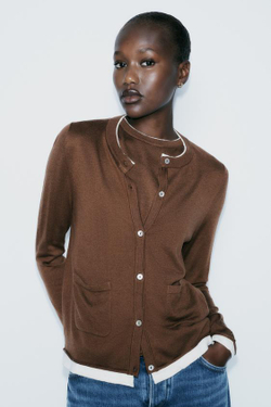 ZARA КАРДИГАН С КОНТРАСТНЫМИ КРОМКАМИ, КОРИЧНЕВЫЙ/ЭКРЮ