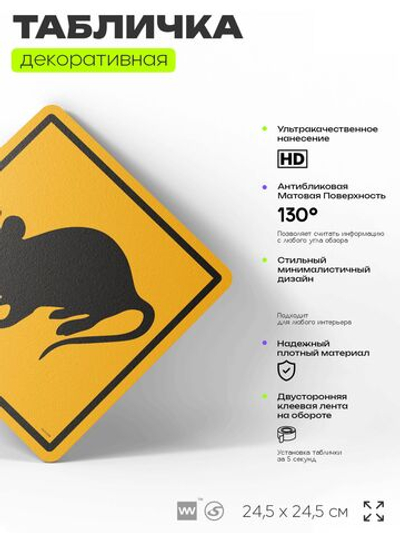 Табличка прикольная "Осторожно, крысы" на дверь и стену, информационная и предупреждающая, декоративный знак, 24,5х24,5 см, пластиковая, Айдентика Технолоджи