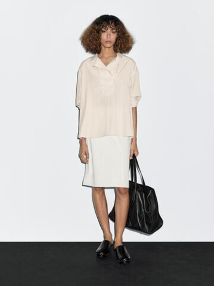 Massimo Dutti Блуза из струящейся ткани с пуговицей, натуральный, кремовый