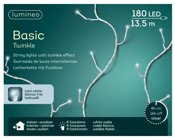 Светодиодная гирлянда с контроллером 13.5 м, 220V., 180 белые и холодных белых LED ламп, белый ПВХ, Kaemingk (494124)
