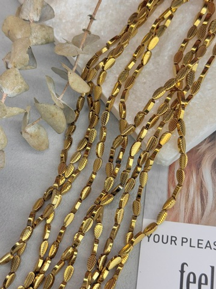 Гематит, лист 6*4 мм, нить 40 см, золото