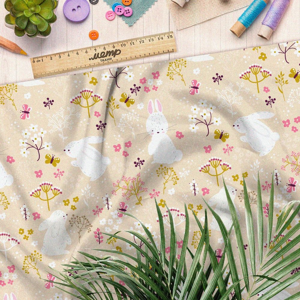 Ткань ниагара белые зайки в поле