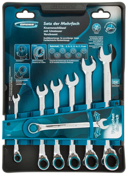 Набор ключей комбинированных с трещоткой, 8-19 мм, 7 шт, реверсивные, CrV Gross