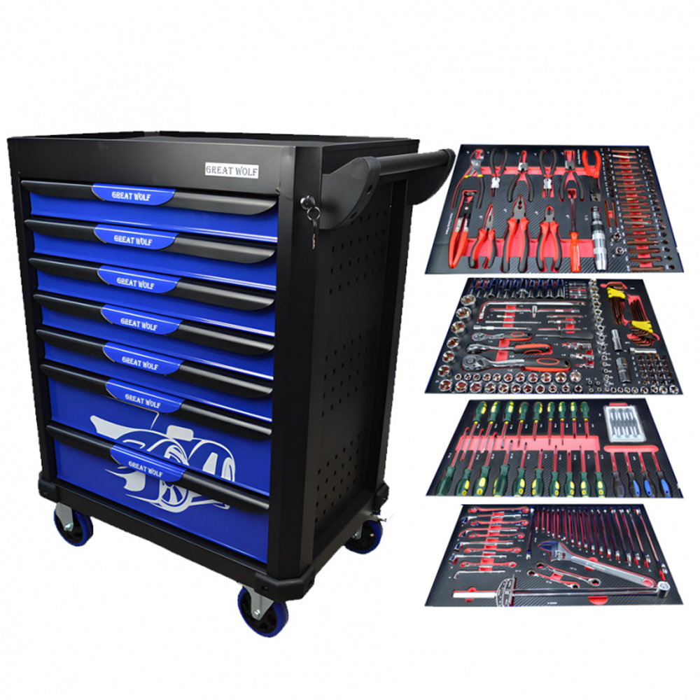 Инструментальная тележка с инструментом GW-7ST1 Blue (Great Wolf, 249поз), 7 ящиков, увеличенные колеса с тормозом, ЦЗ
