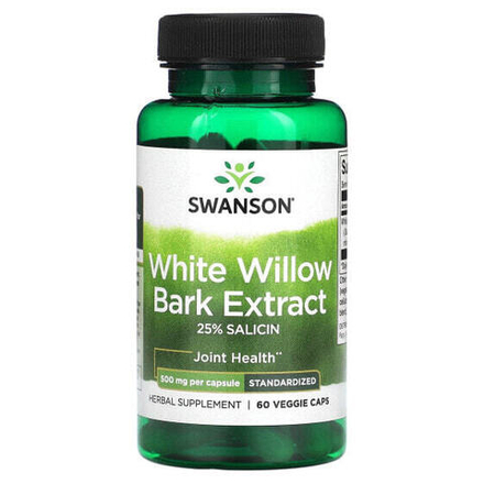 Растительные экстракты и настойки Swanson, Экстракт коры белой ивы, 500 мг, 60 растительных капсул