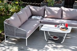 "Канны" диван модульный плетеный из роупа, каркас алюминий белый, роуп светло-серый круглый, ткань светло-серая