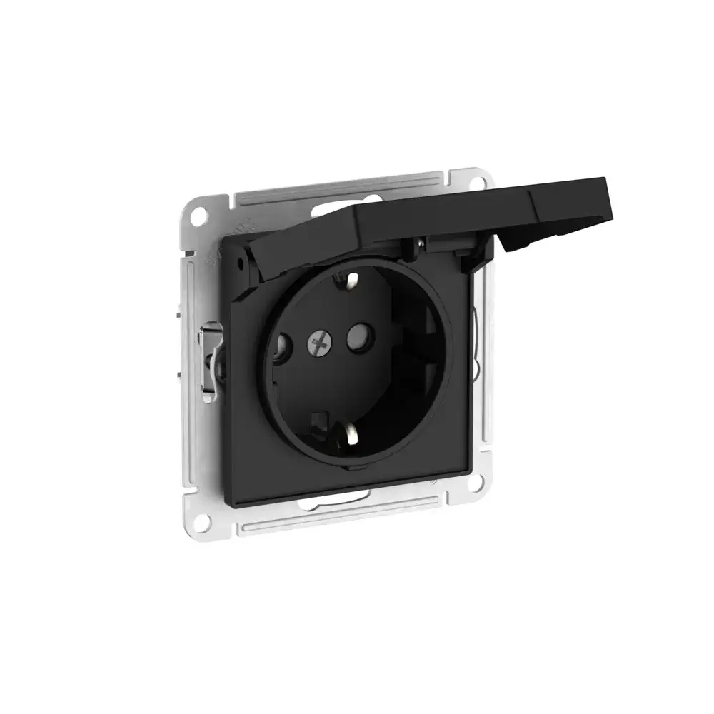 ATLASDESIGN РОЗЕТКА с заземлением со шторками с крышкой,16А,IP20, мех.,быстрозажим. клем., КАРБОН