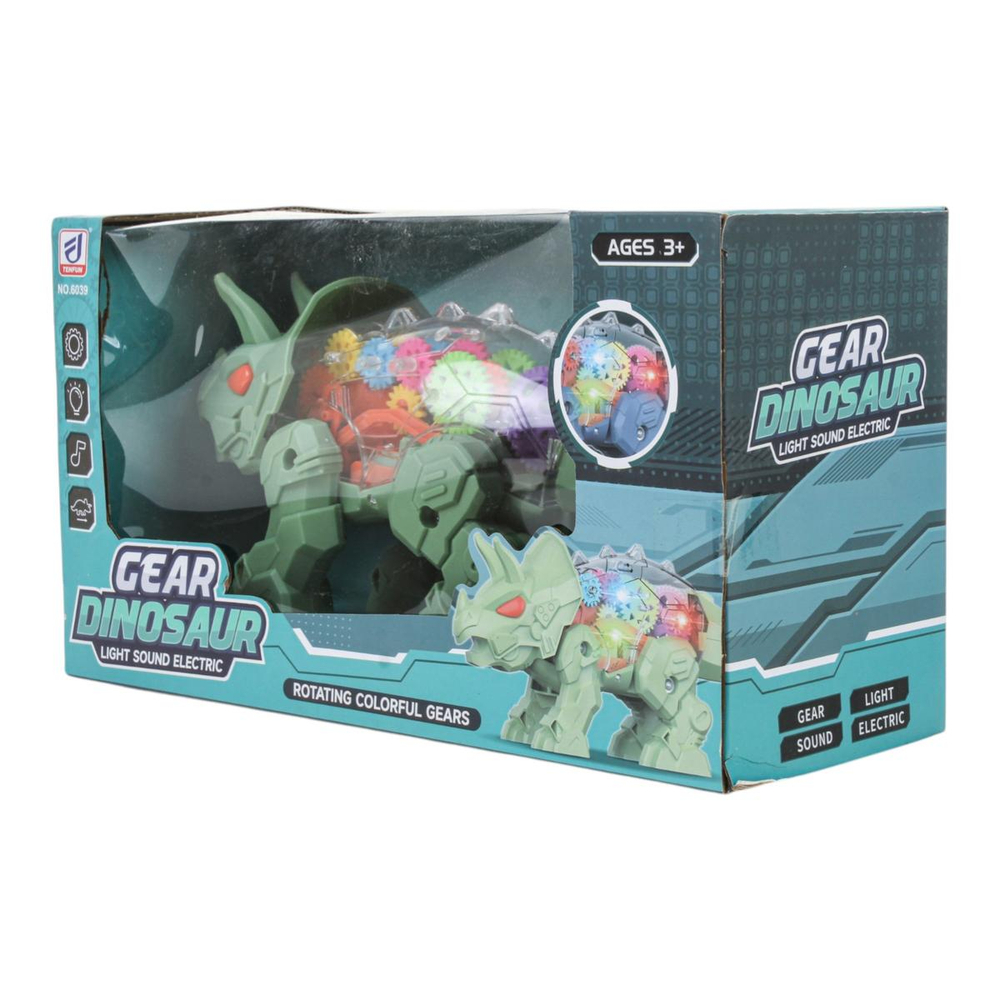 Динозавр на бат., 2 цв. в ассортименте, световые и звуковые эффекты, шестерёнки вращаются