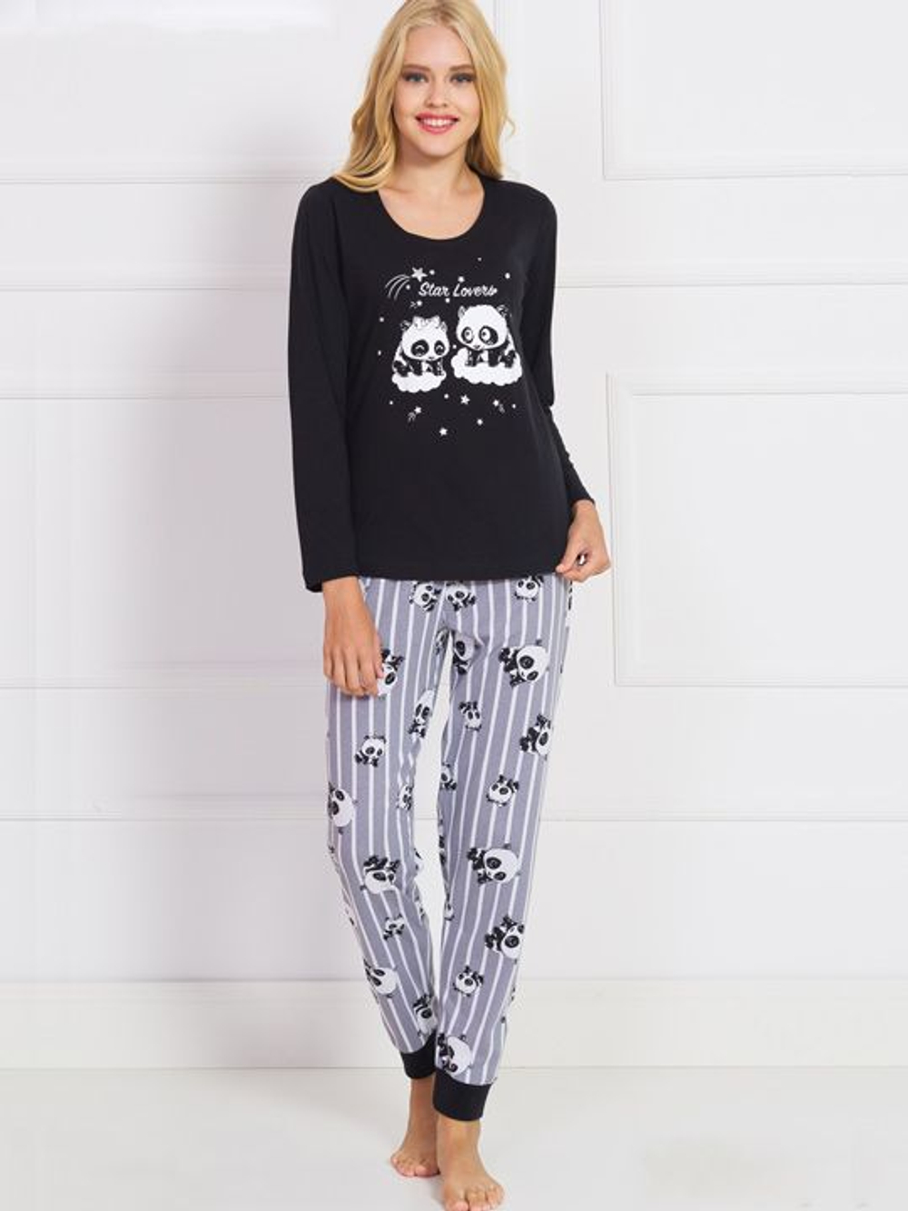 Домашний брючный комплект с пандами (Размер: M) (Цвет: черный с серым)