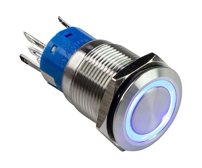 Кнопка с фиксацией, подсветка синяя, 12 В,