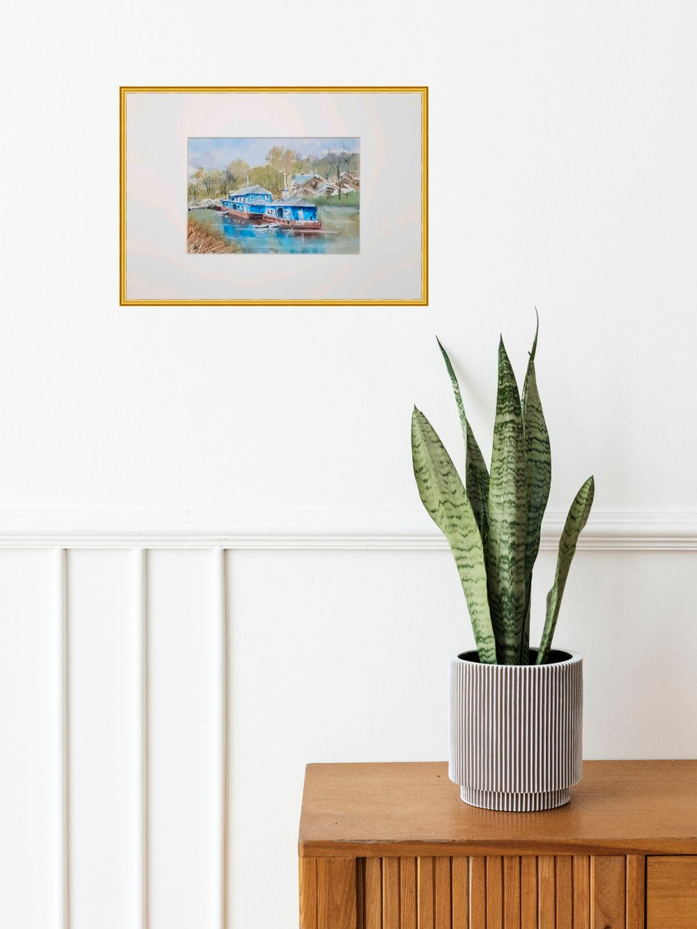 Картина авторская акварельная в паспарту 21х30 см на стену для интерьера "Пристань у кремля. Рязань"