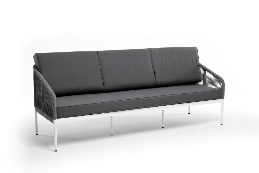 "Канны" диван 3-местный плетеный из роупа, каркас алюминий белый муар, роуп светло-серый круглый, ткань серая 017