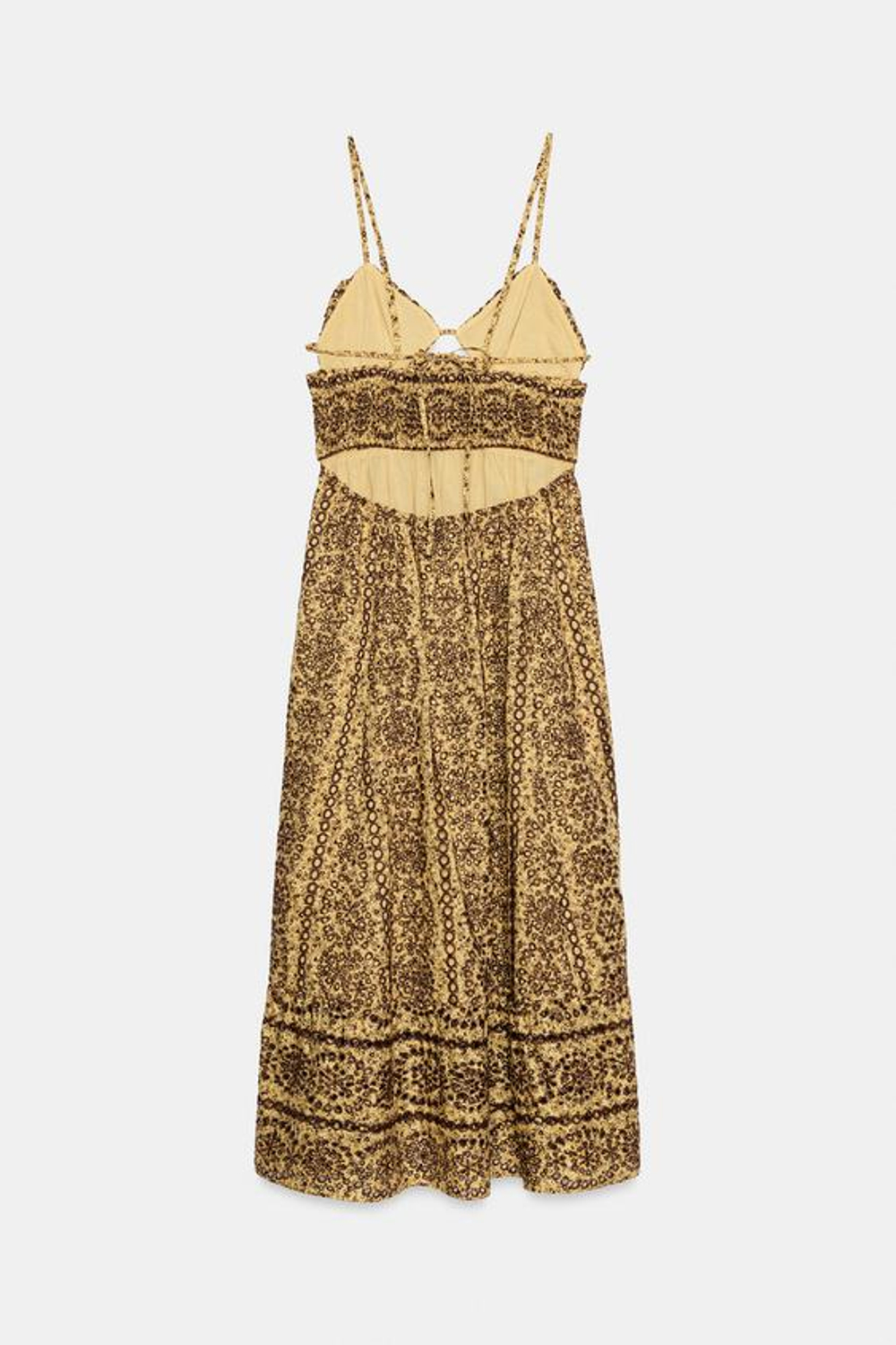 ZARA ПЛАТЬЕ МИДИ С ВЫШИВКОЙ РИШЕЛЬЕ И ВЫРЕЗАМИ, КОРИЧНЕВЫЙ