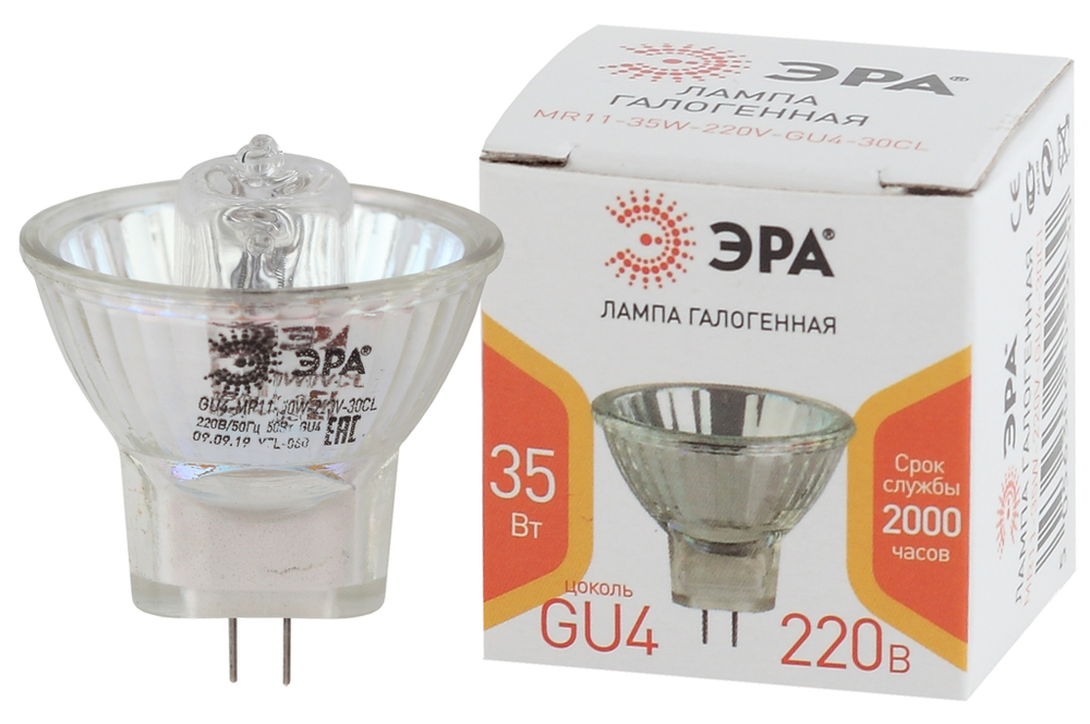 Лампа галогенная Эра MR11 35W-220V-30 CL GU4 (галоген, софит, 35Вт, нейтр, GU4)