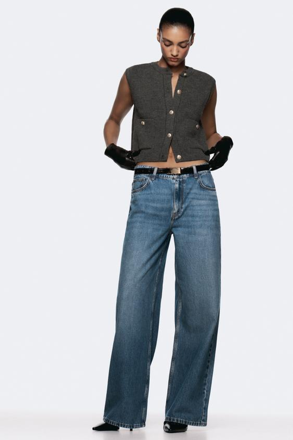 ZARA ОДНОТОННЫЙ ТРИКОТАЖНЫЙ ТОП БЕЗ РУКАВОВ, СЕРЫЙ