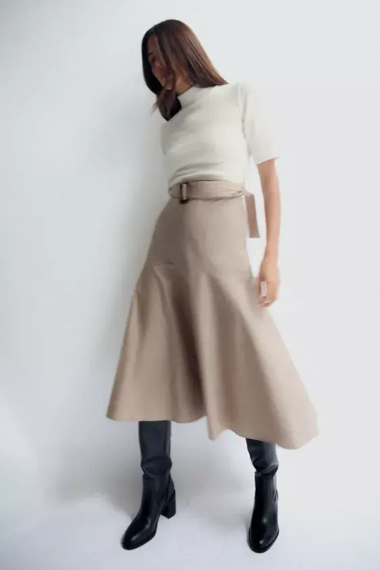 ZARA ПЛАТЬЕ ИЗ МЯГКОЙ ТКАНИ С РЕМНЕМ, ЭКРЮ/БЕЖЕВЫЙ