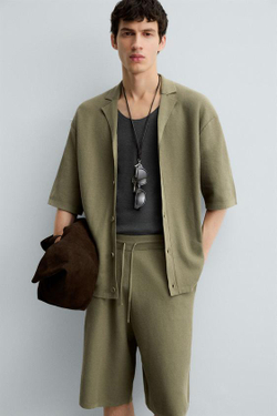 ZARA ШОРТЫ-БЕРМУДЫ ТРИКОТАЖНЫЕ СТРУКТУРНЫЕ, ХАКИ