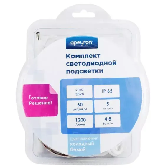 Комплект светодиодной ленты Apeyron Electrics 5 м., IP65, SMD3528, 60 LED/м., 12 В, 6500К, Apeyron electrics (7328378)