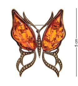 AM-2314 Брошь «Бабочка Ветерок» (латунь, янтарь)