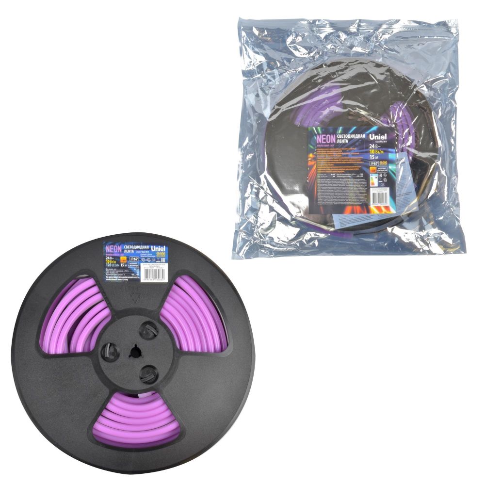 ULS-N11-2835-120LED-m-8mm-IP67-DC24V-10W-m-15M-PURPLE Светодиодная гибкая герметичная лента. NEON. Катушка 15м. в герметичной упаковке. Фиолетовый свет. ТМ Uniel