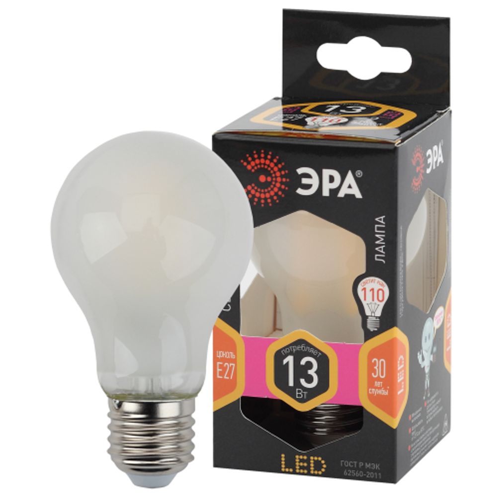 Лампа светодиодная ЭРА F-LED A60-13W-827-E27 frost Е27 13Вт филамент груша матовая теплый белый свет | Филаментные декоративные