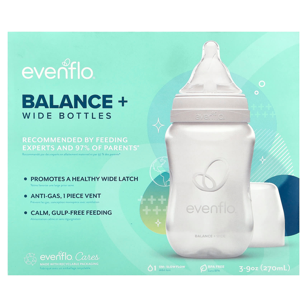 Evenflo Feeding, Balance+, флаконы, широкая, от 0 месяцев, медленное поток, 3 флакона по 270 мл (9 унций)