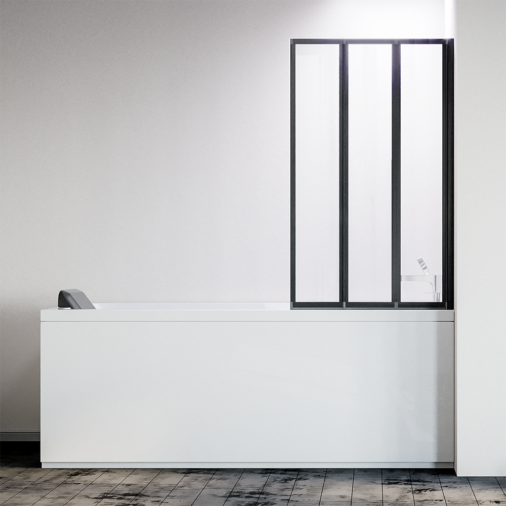 Шторка на ванну складная правая Veconi Palau, PL-73BR, 1200x1500, черный матовый, прозрачное стекло