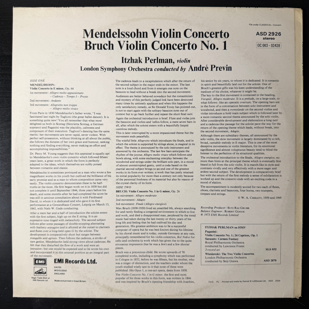 Мендельсон - Концерт Для Скрипки / Брух - Концерт Для Скрипки № 1 (Англия 1973г.)
