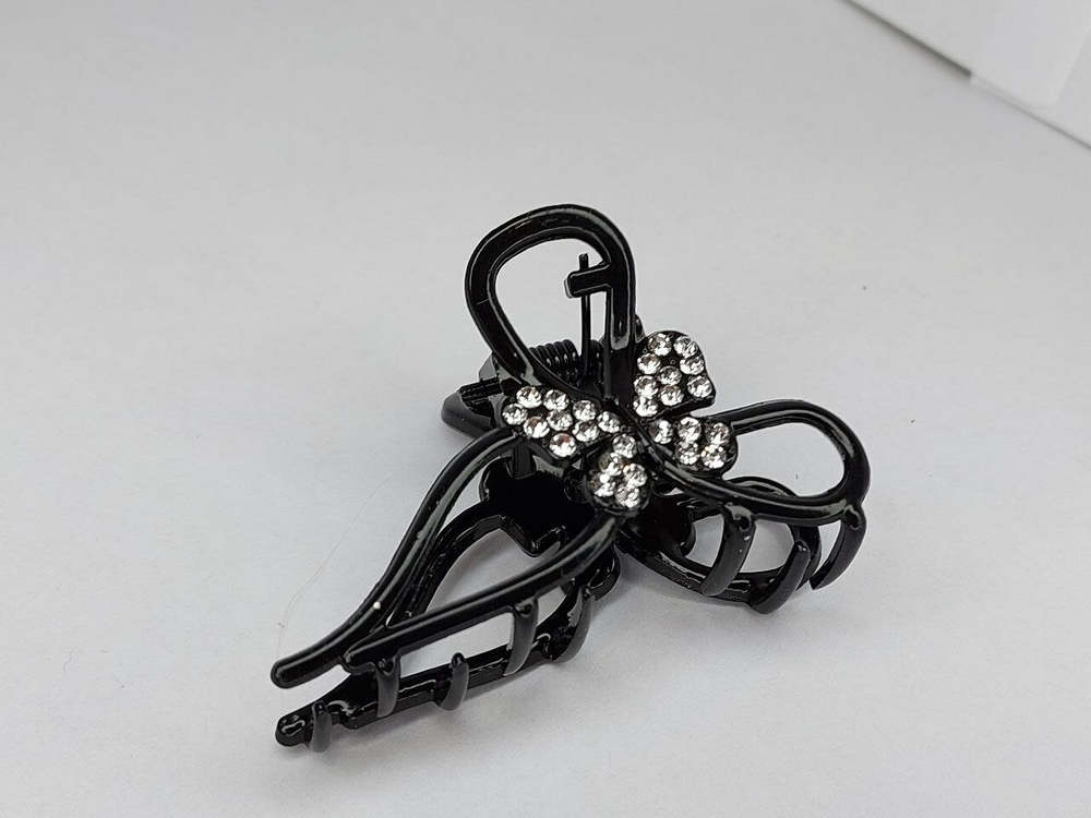 Заколка для волос "Бантик", усиленная, металл, со стразами, черная