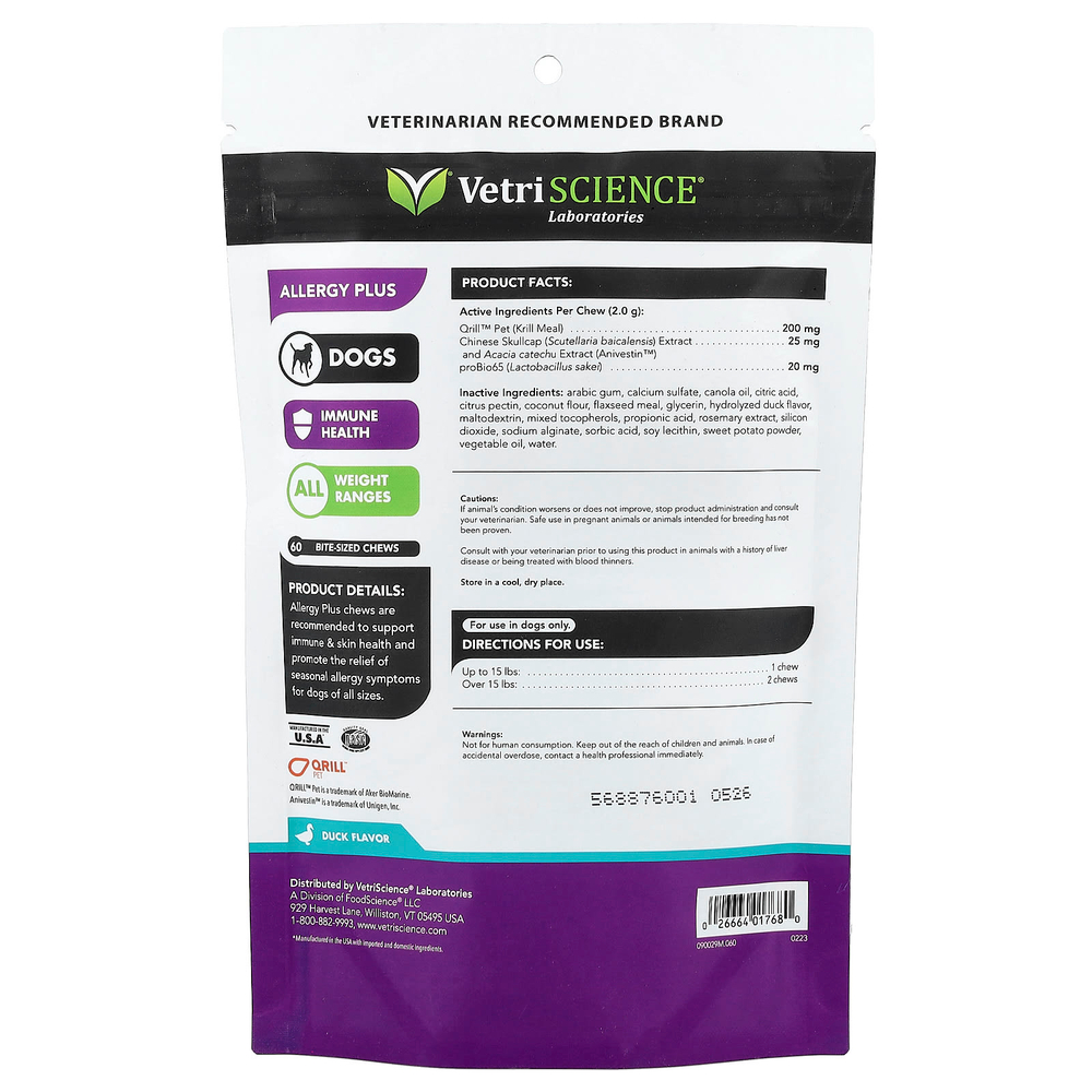 VetriScience, Allergy Plus, для всех собак, утка, жевательные таблетки на размер 60, 120 г (4,23 унции)