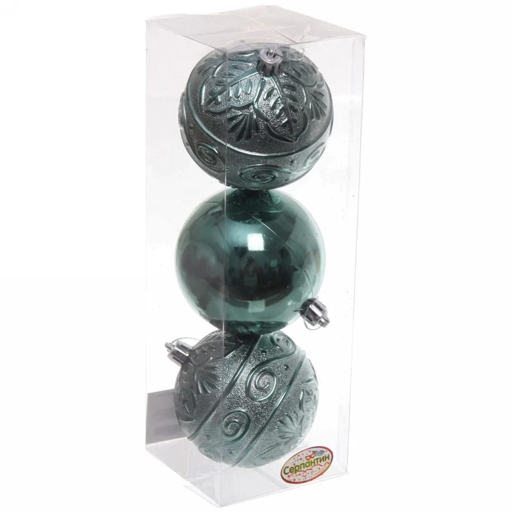 Новогодние шары 8 см (набор 3 шт) «Микс фактур», темный нефрит