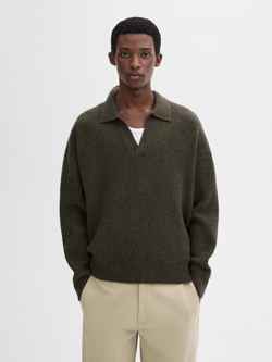 Massimo Dutti Шерстяной свитер с воротником поло, зеленоватый